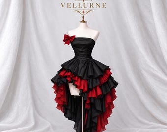 Dark Lolita Corset Gown, Victorian High Low Ruffle Dress, Queen of Hearts Inspired Costume, Crimson Nocturne Vampire Cabaret Outfit