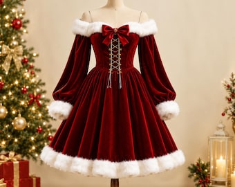Mrs Claus Costume, Red Velvet Santa Dress, Faux Fur Christmas Outfit, Holiday Party Cosplay, North Pole Belle, Festive Winter Dress, Holiday