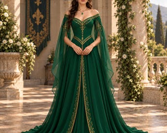 Elarienne Emerald Royal Dress, Elven Queen Gown, Medieval Renaissance Costume, Ren Faire Fantasy Wedding Dress, Royal Elf Outfit