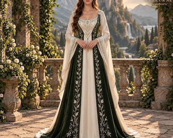 Regal Fantasy LARP Outfit, Sylvarenne Court Gown, Forest Maiden Dress, Green Velvet Renaissance Costume, Embroidered Fae Wedding Dress