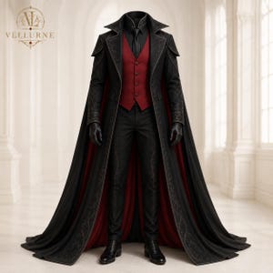 May include: A black floor-length coat with a high collar and intricate embroidery, worn over a deep red vest, a black shirt with a tie, and black trousers. The coat features a dark red lining and is paired with black gloves and black dress shoes.