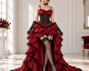 Velzarith Crimson Requiem Gown, Victorian Burlesque Corset Dress, Red Black Ruffle Gown, Vampire Halloween Costume, Satine Inspired