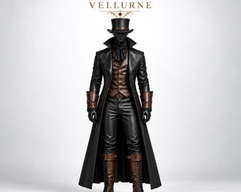 Velcrayne Sovereign Tailcoat, Victorian Gothic Tailcoat, Steampunk Leather Coat, Van Helsing Inspired Vampire LARP Cosplay Costume