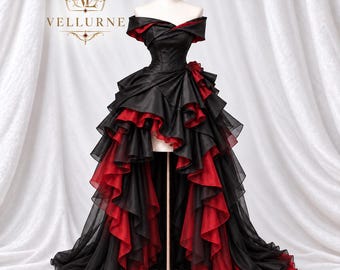 Noirevessa Crimson Cascade Gown, Vampire Masquerade Dress, Black Red Corset Ballgown, High Low Ruffle Halloween Costume