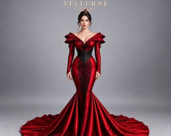 Carmilla Bloodrose Gown, Gothic Mermaid Dress, Red Black Corset Evening Gown, Vampire Queen Formal Dress, Dark Romance Ball Gown