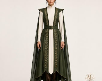 Medieval Sorceress Costume, Elven Priestess Dress, Renaissance LARP Outfit, Morgana Inspired Fantasy Witch Gown, Ren Faire Cosplay