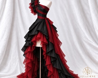 Sangvelisse Crimson Ruffle Gown, Vampire Queen Corset Dress, High Low Gothic Ballgown, Masquerade Costume, Halloween Dark Romance Outfit Set