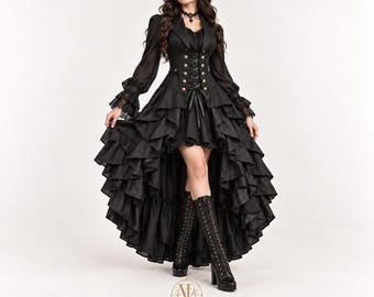 Steampunk Corset Dress, Lucy Westenra Inspired Victorian Gothic High Low Ruffle Gown, Vampire Costume, Renaissance Faire Dark Romance Outfit