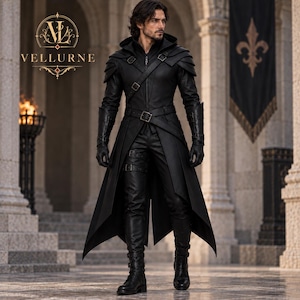 May include: A black leather-style hooded coat with a front zipper, layered shoulder panels, and a buckled waist belt. The outfit includes matching black trousers with leg straps, black gloves, and tall boots, featuring the text VELLURNE in the corner.