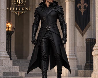 Noctharrow Van Helsing Trench Coat, Gothic Leather Assassin Jacket, Medieval Vampire Hunter LARP Cosplay, Hooded Dark Fantasy Coat