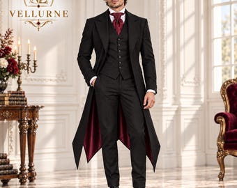 Bloodcourt Valeric Victorian Gothic Tailcoat Suit, Dracula Inspired Vampire Tuxedo, Black Red Wedding Groom Outfit, Steampunk Formalwear