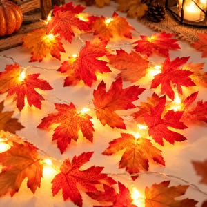 May include: A string of decorative lights featuring artificial maple leaves in shades of red, orange, and yellow. Each leaf is illuminated by a small warm white LED bulb, creating a glowing effect along the thin, flexible wire strand.