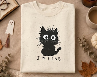 Zwarte kat "Ik ben oké" T-shirt | Sarcastisch grunge kattendesign, 100% katoen