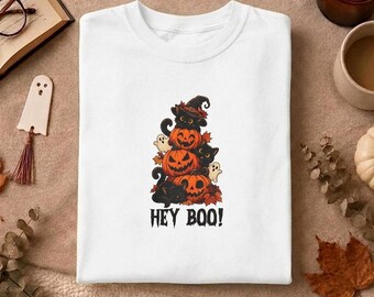 Stacked Jack-o'-Lanterns Hey Boo T-Shirt | Kids Halloween Tee