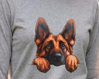 Peeking German Shepherd Long Sleeve Tee, Dog Face Paw Artwork