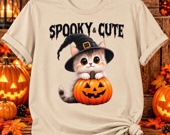 Halloween T-shirt met kattenprint, griezelig kitten T-shirt, heksenkat T-shirt, pompoenkat T-shirt, Halloween cadeau voor kattenliefhebbers