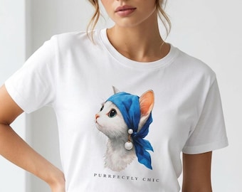 Kattenportret met blauw hoofddoek-T-shirt | Speelse dierenkunst