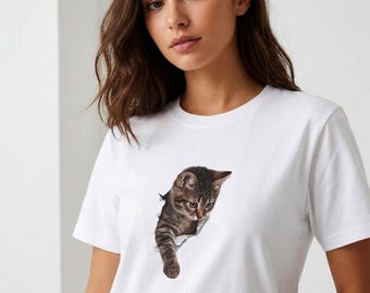T-shirt met gestreepte kitten die reikt | T-shirt met subtiele pootafdruk