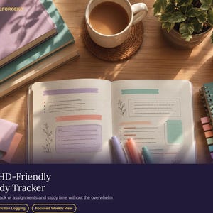 May include: An open planner with pastel-coloured sections, floral line art, and lined spaces for notes. The planner is surrounded by stacked books, a mug of coffee, a small potted plant, a candle, and three coloured markers resting on the pages.