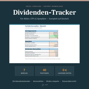 Op de afbeelding: Een digitaal Excel-sjabloon voor het bijhouden van dividenden, aandelen, ETF's en spaarplannen. De interface toont een portfolio-overzicht met tabellen voor activa, spaarplannen en dividendstatistieken, inclusief secties voor 7 gebieden en 40 posities.