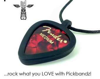 Guitar Pick Necklace by Pickbandz - Personalize by Popping in Your Favorite Pick!  RED Fender Pick included!