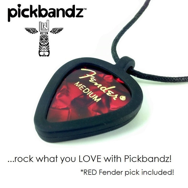 Guitar Pick Necklace by Pickbandz - Personalize by Popping in Your Favorite Pick!  RED Fender Pick included!