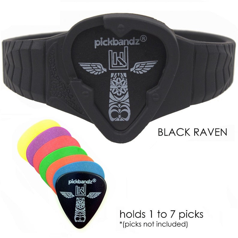 May include: Black silicone guitar pick holder bracelet with a pickbandz logo and the words "BLACK RAVEN". The bracelet holds up to 7 guitar picks.  *(picks not included)*