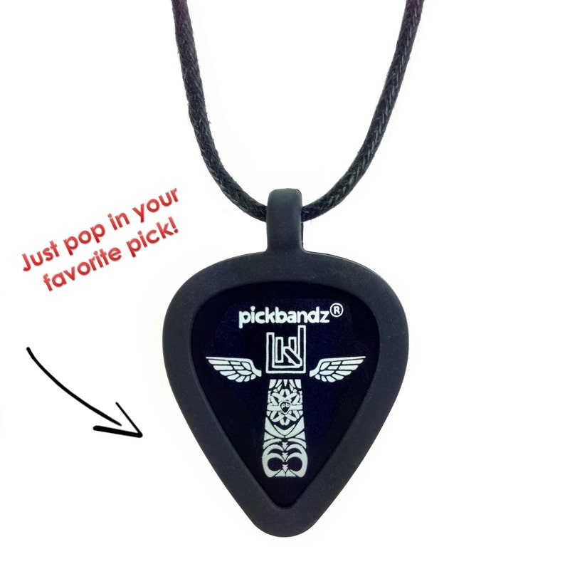 May include: Black guitar pick necklace with a silver pickbandz logo and wings. The pick is in a black frame and has a black cord.