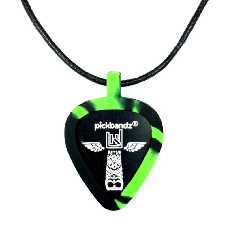 Guitar Pick Holder Necklace • Silicone Pendant • Wearable Pick Holder • Pickbandz Neon and Black Swirl