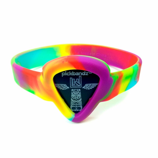 GUITAR PICK Wristband by Pickbandz pick holder in Tie-dye.. Available in 2 Sizes "Just Pop in Your Favorite Pick" comes with a FREE pick