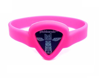 GUITAR PICK Wristband by Pickbandz pick holder in Hollywood Pink.. Available in 2 Sizes "Just Pop in Your Favorite Pick" plus a FREE pick