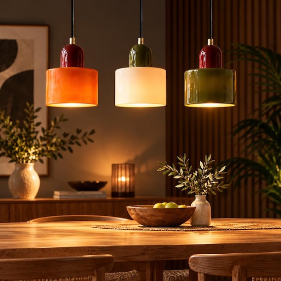 Colored Glass Pendant Light | Retro Ceiling Light | Japandi Lamp | Kitchen Island Lighting | Mid-Century Modern Home Decor