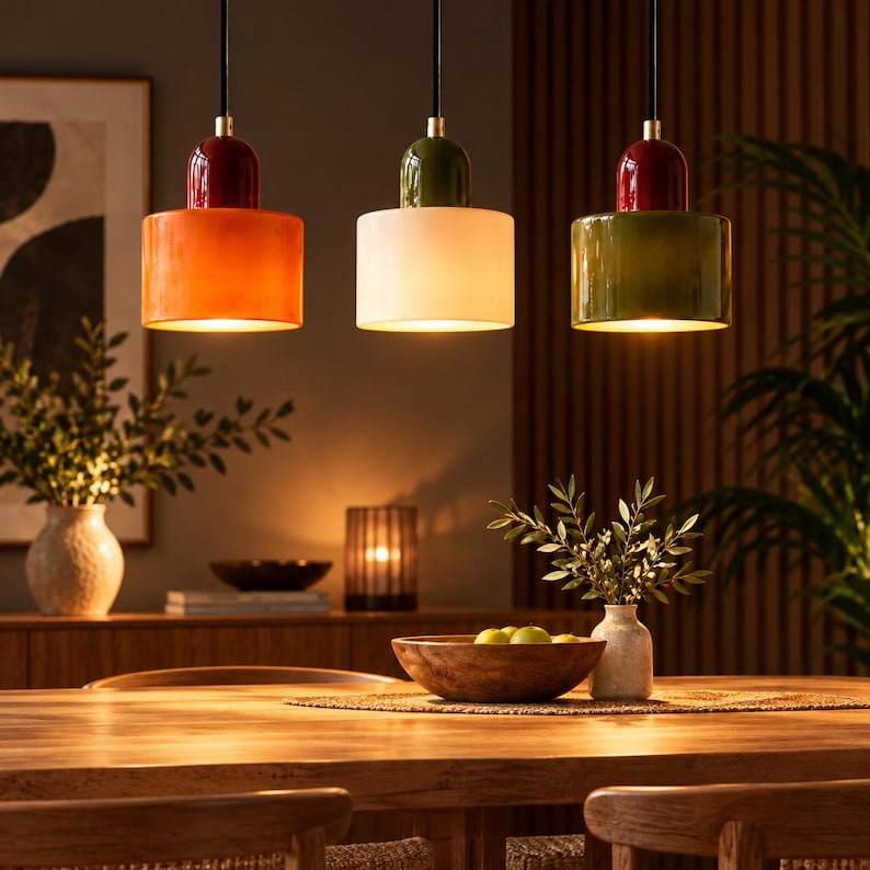 May include: Three cylindrical pendant lights hang from black cords. The left light has a red top and orange shade, the centre has a green top and white shade, and the right has a red top and green shade. Each features a gold-tone connector.