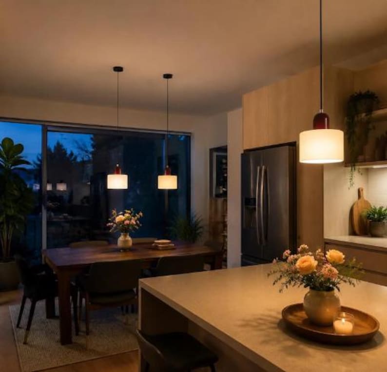 May include: Three cylindrical pendant lights with white frosted glass shades and dark red caps suspended by thin black cords. The lights are positioned over a wooden dining table and a kitchen island, casting a warm glow in the room.