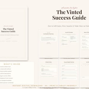 Op de afbeelding: Een digitale gids getiteld The Vinted Success Guide, How to Sell Faster, Price Smarter & Make More on Vinted. Het document bevat een voorpagina, een inhoudsopgave en zes interne pagina's met sjablonen, methoden en een listing planner.