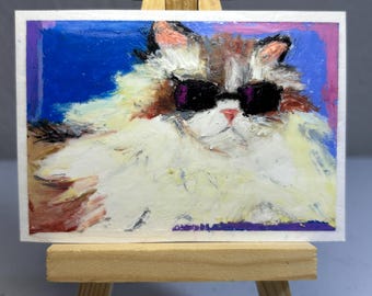 ACEO ATC Oil Pastel Oaak Handmade Fluffy Cat Kitty Small Art free shipping Sunglasses Art Dollhouse Portrait