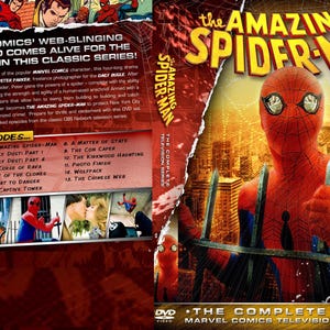 May include: The Amazing Spider-Man complete television series DVD set cover features a red and blue costumed character against a New York City skyline. The back panel lists 13 episodes and includes a synopsis of the Marvel Comics hero.