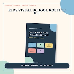 Puede incluir: Un kit de rutina escolar visual para niños, bilingüe en inglés y español. El documento azul oscuro muestra el texto CALM SCHOOL DAYS VISUAL ROUTINE KIT, MORNING, AFTER SCHOOL, BEDTIME, e incluye 26 páginas, 36 tarjetas, formatos A4 y US Letter.