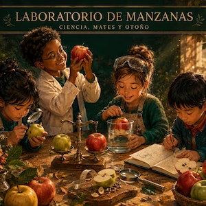 May include: Four children examine apples at a wooden table with a brass balance scale, a glass beaker, a magnifying glass, and a notebook. The text "LABORATORIO DE MANZANAS" and "CIENCIA, MATES Y OTOÑO" appears at the top of the scene.