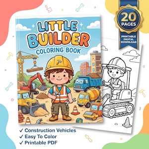 Può includere: Un libro da colorare Little Builder con un personaggio dei cartoni animati con casco giallo e gilet di sicurezza arancione in un cantiere con gru, escavatore, autocarro con cassone ribaltabile e betoniera. Include download digitale di 20 pagine.