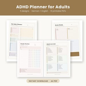 Könnte beinhalten: Ein digitaler ADHS-Planer für Erwachsene mit fünf Designs auf Deutsch und Englisch. Das druckbare PDF-Set enthält Seiten mit den Titeln My Daily Planner, Brain Dump, Weekly Routine und Ideas for your week, alle mit pastellfarbenen Bereichen und Kästchen.