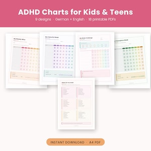 Könnte beinhalten: Eine Sammlung druckbarer ADHS-Diagramme für Kinder und Jugendliche mit neun Designs auf Deutsch und Englisch. Die Dokumente umfassen My Weekly Wins, My Colourful Week, My Week Challenge, My Champions Week und Ideas for my week im A4-PDF-Format.