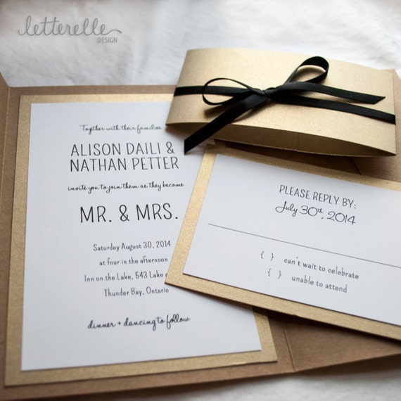 Items similar to Gold Kraft Simple Wedding Invitation, 5X7 with Pocket ...