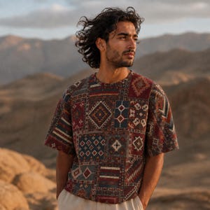 Amazigh Zarbia Rug Print Jersey, Berber Carpet AOP Shirt, Moroccan Geometric Streetwear Tee, Boho Heritage, Men's Classic Fit