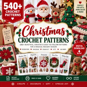 Può includere: Una raccolta digitale di oltre 540 schemi per uncinetto natalizi con figure amigurumi come un pupazzo di neve, Babbo Natale e una renna, un albero all'uncinetto, un copritazza con fiocco di neve e un omino di pan di zenzero.