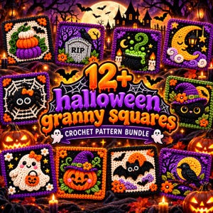 May include: A collection of 12+ Halloween-themed crochet granny squares featuring pumpkins, ghosts, bats, spiders, and black cats. The central text reads 12+ halloween granny squares CROCHET PATTERN BUNDLE, surrounded by colorful yarn motifs.