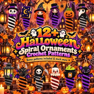 May include: A collection of twelve crochet Halloween ornaments featuring various characters including a skeleton, witch, pumpkin, plague doctor, reaper, clown, and bat, all with spiral-shaped bodies and hanging loops, displayed with the text 12+ Halloween Spiral Ornaments Crochet Patterns.