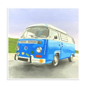 May include: A painting of a blue Volkswagen bus with a white roof, round headlights, and a silver bumper. The vehicle features a prominent Volkswagen logo on the front, small colorful stickers, and is set against a light purple sky and green hills.