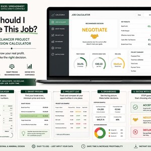 Pode incluir: Uma planilha digital de cálculo de trabalho exibida na tela de um laptop, com seções para entradas de projeto, precificação inteligente, registro de projetos e painel. A interface inclui texto como Job Calculator e Negotiate.