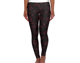 Leggings/Leggings de yoga bicolor rojo oscuro con estampado de rosas.